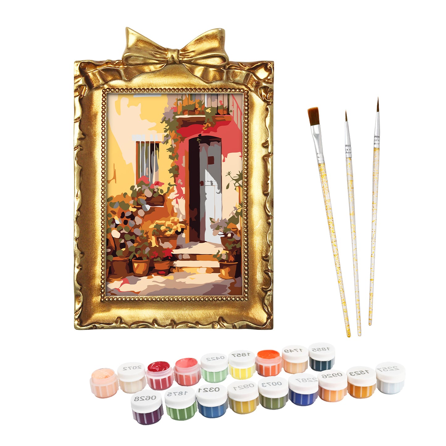 Framed mini paint by numbers showing a Mediterranean passage filled with vibrant flowers and decorative details
