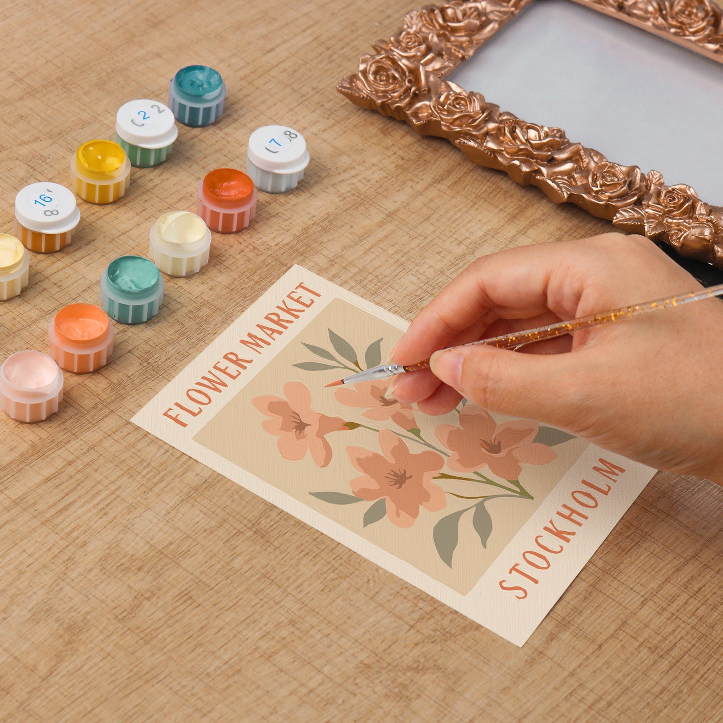 Stockholm Flower Market framed mini paint by numbers featuring colorful flowers in a vintage travel poster style