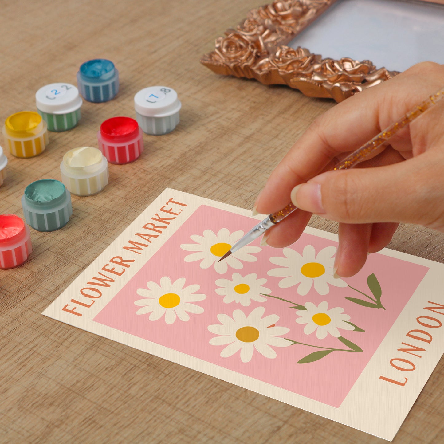 London Flower Market framed mini paint by numbers showing cheerful daisies and classic city poster artwork