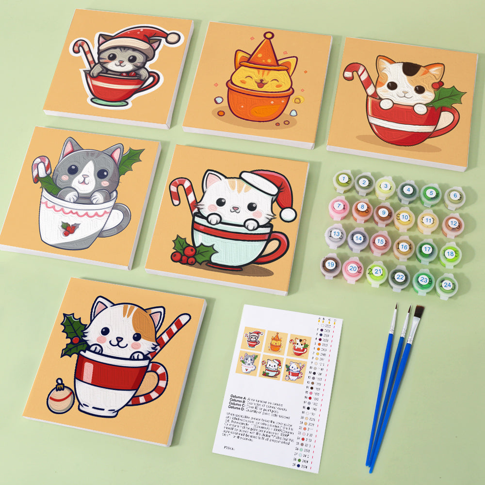 Christmas Cats in Cups 6 Pack Mini Paint by Numbers Kit