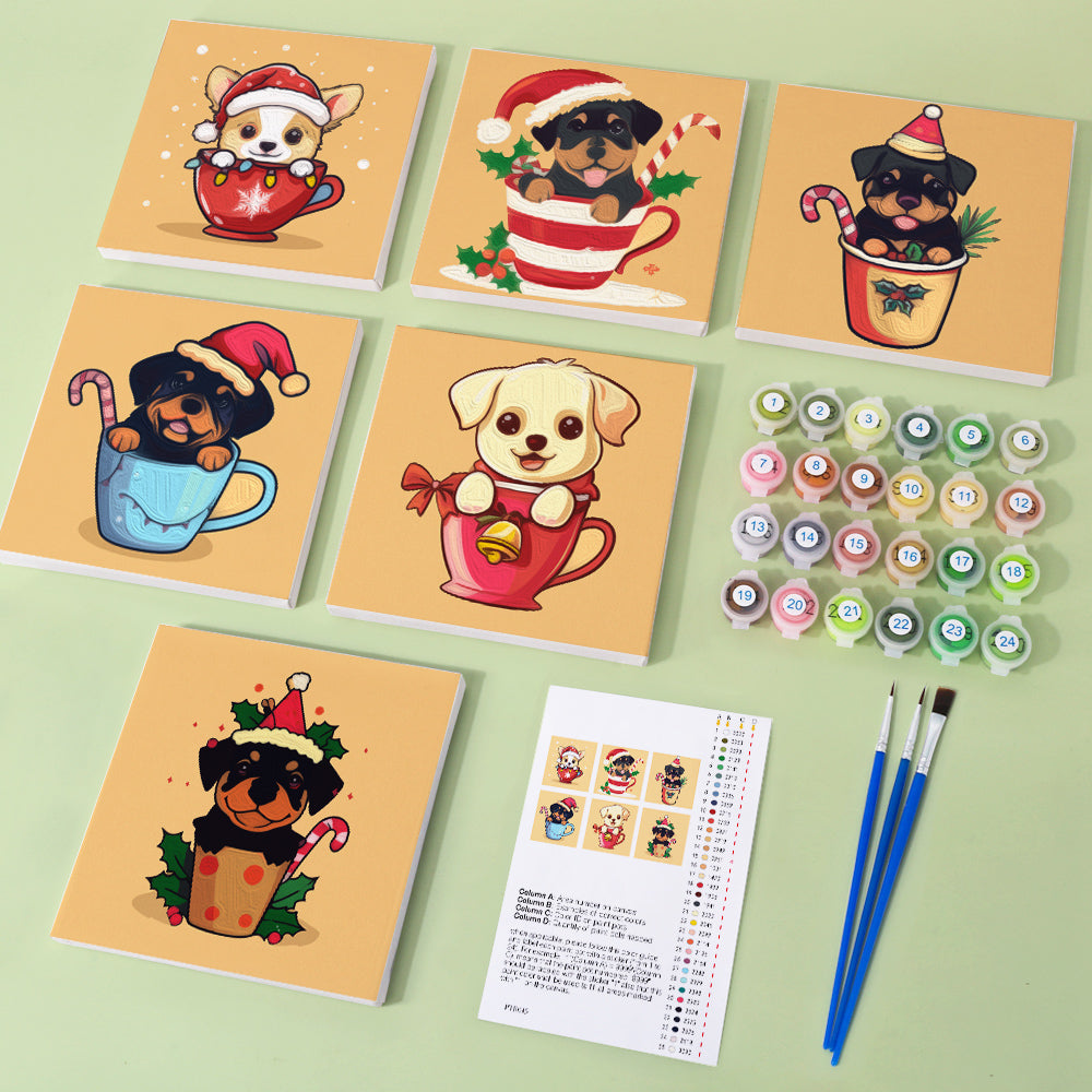 Christmas Puppies in Cups 6 Pack Mini Paint by Numbers Kit