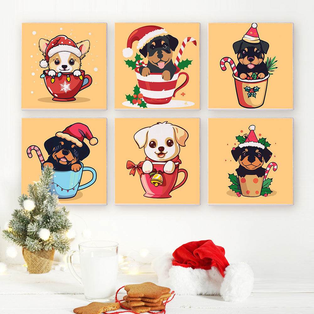 Christmas Puppies in Cups 6 Pack Mini Paint by Numbers Kit