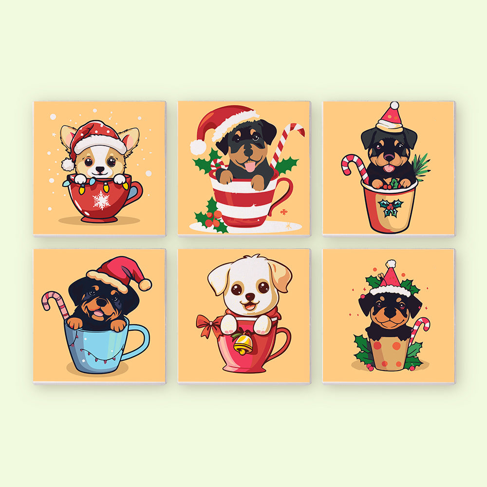 Christmas Puppies in Cups 6 Pack Mini Paint by Numbers Kit