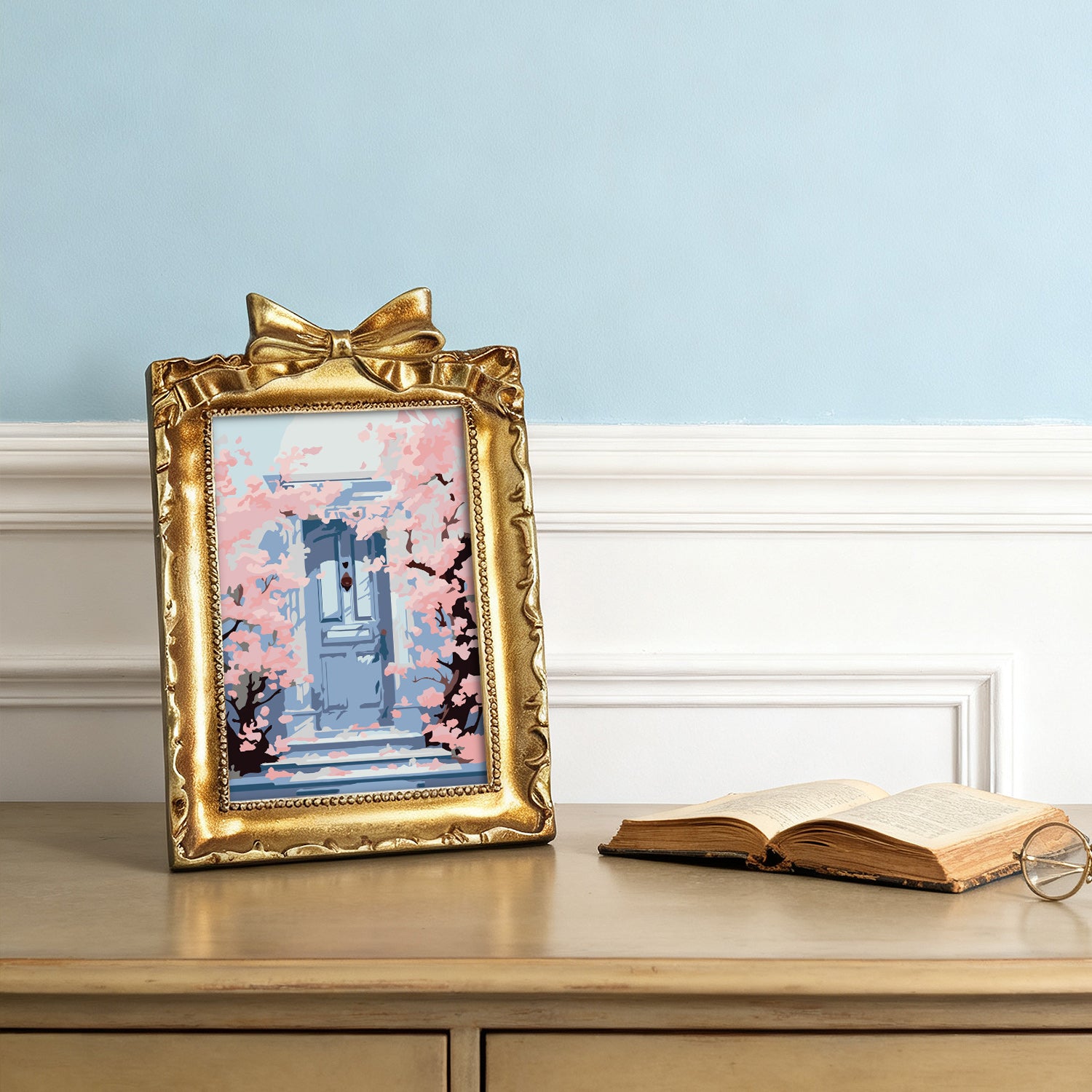 Kyoto Cherry Blossoms framed mini paint by numbers featuring sakuras over a blue doorway