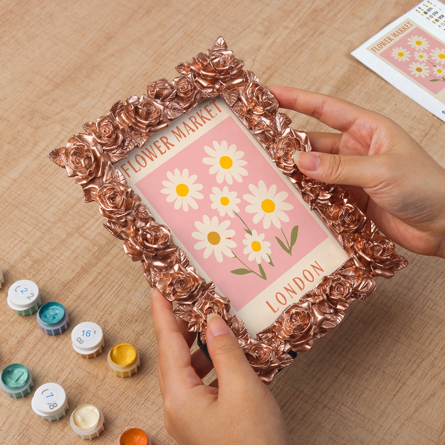 London Flower Market framed mini paint by numbers showing cheerful daisies and classic city poster artwork