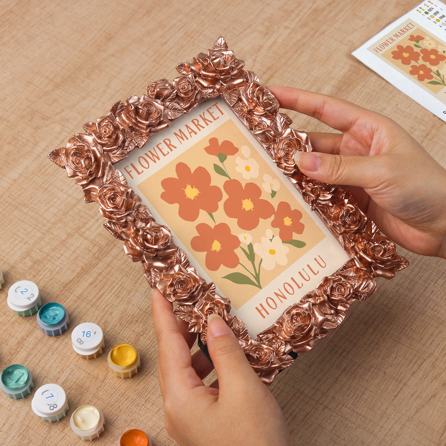 Honolulu Flower Market framed mini paint by numbers featuring tropical flowers in a colorful island-inspired design