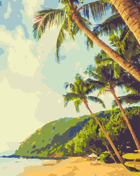A painting of palm trees on a beach