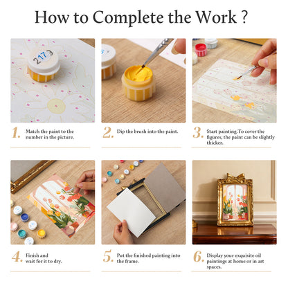 Framed mini paint by numbers of a cozy window filled with blooming flowers and warm decorative details