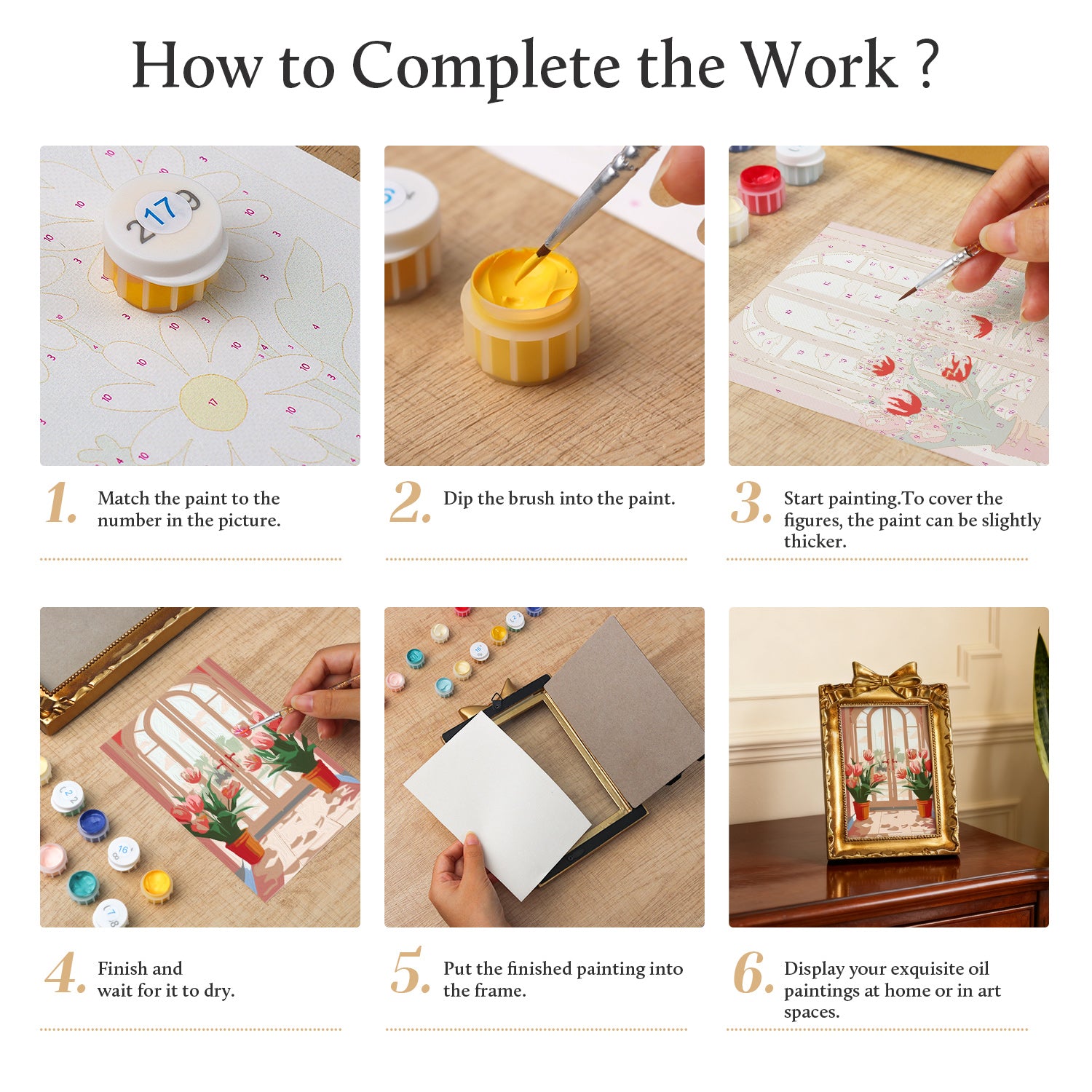 Framed mini paint by numbers featuring a window garden filled with colorful tulips and bright floral accents