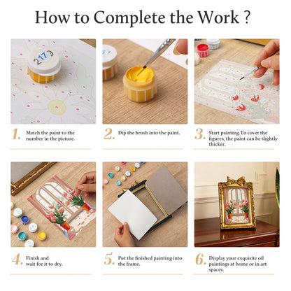 Framed mini paint by numbers featuring a window garden filled with colorful tulips and bright floral accents