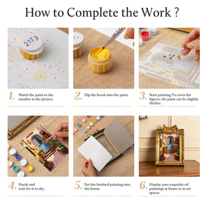 Framed mini paint by numbers of a charming garden door surrounded by lush flowers and greenery