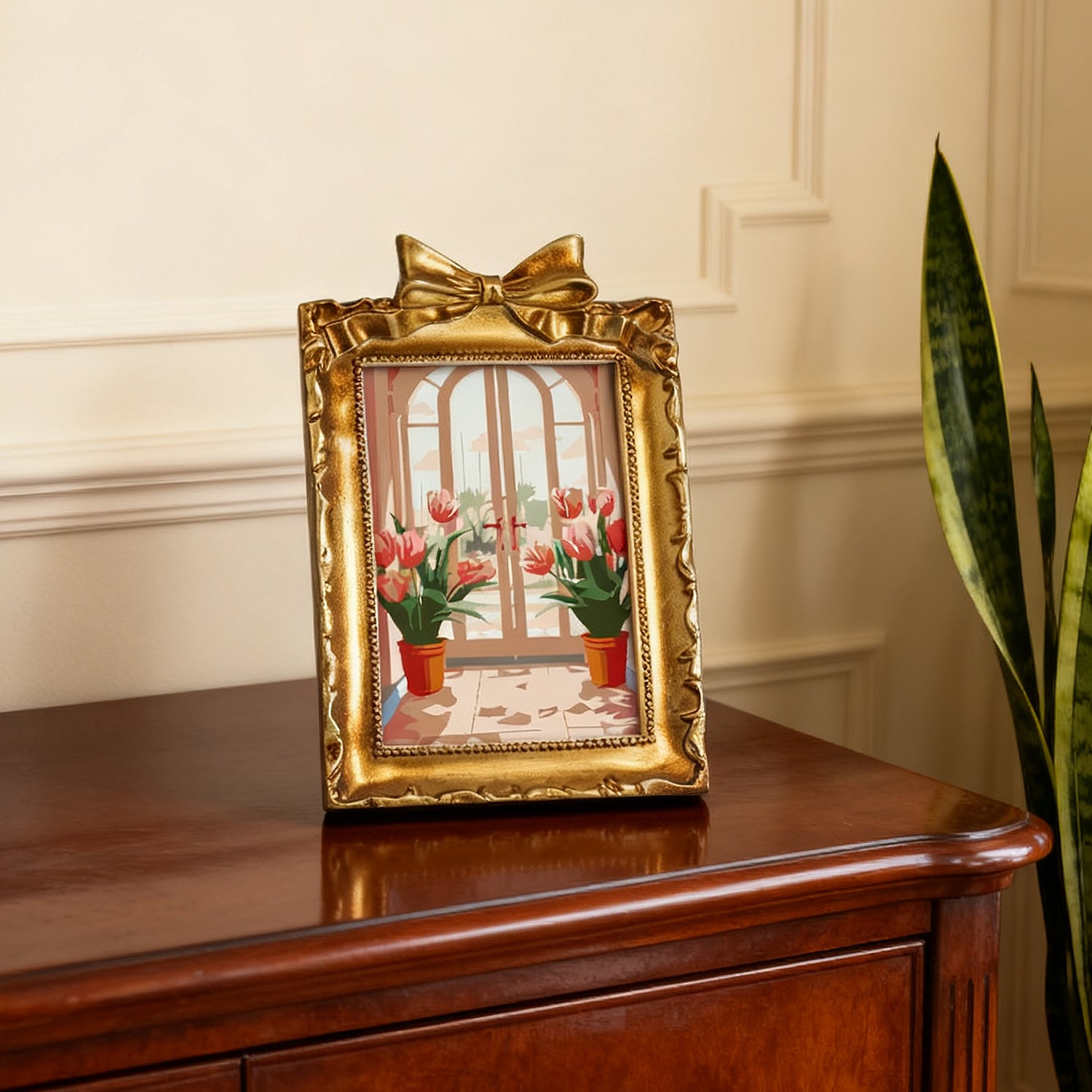 Framed mini paint by numbers featuring a window garden filled with colorful tulips and bright floral accents
