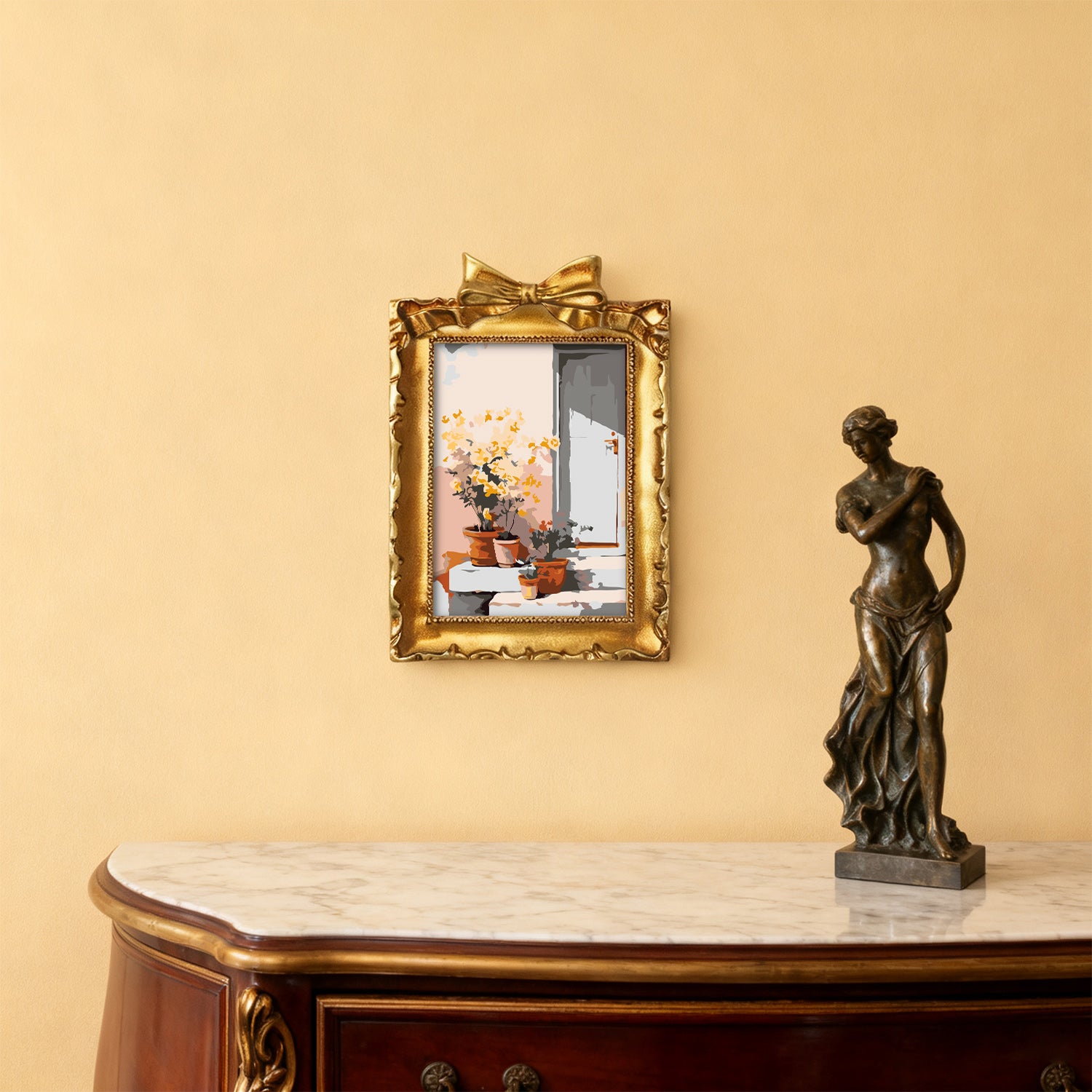 Framed mini paint by numbers of a sunlit indoor plant corner with greenery and natural light