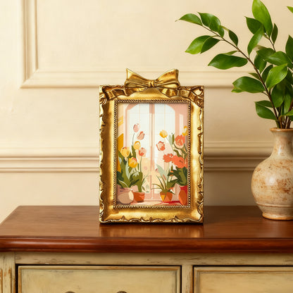 Framed mini paint by numbers of a cozy window filled with blooming flowers and warm decorative details