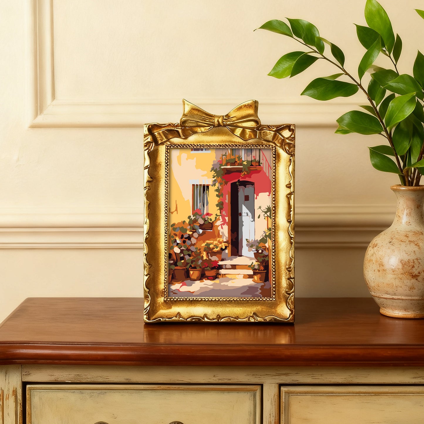Framed mini paint by numbers showing a Mediterranean passage filled with vibrant flowers and decorative details