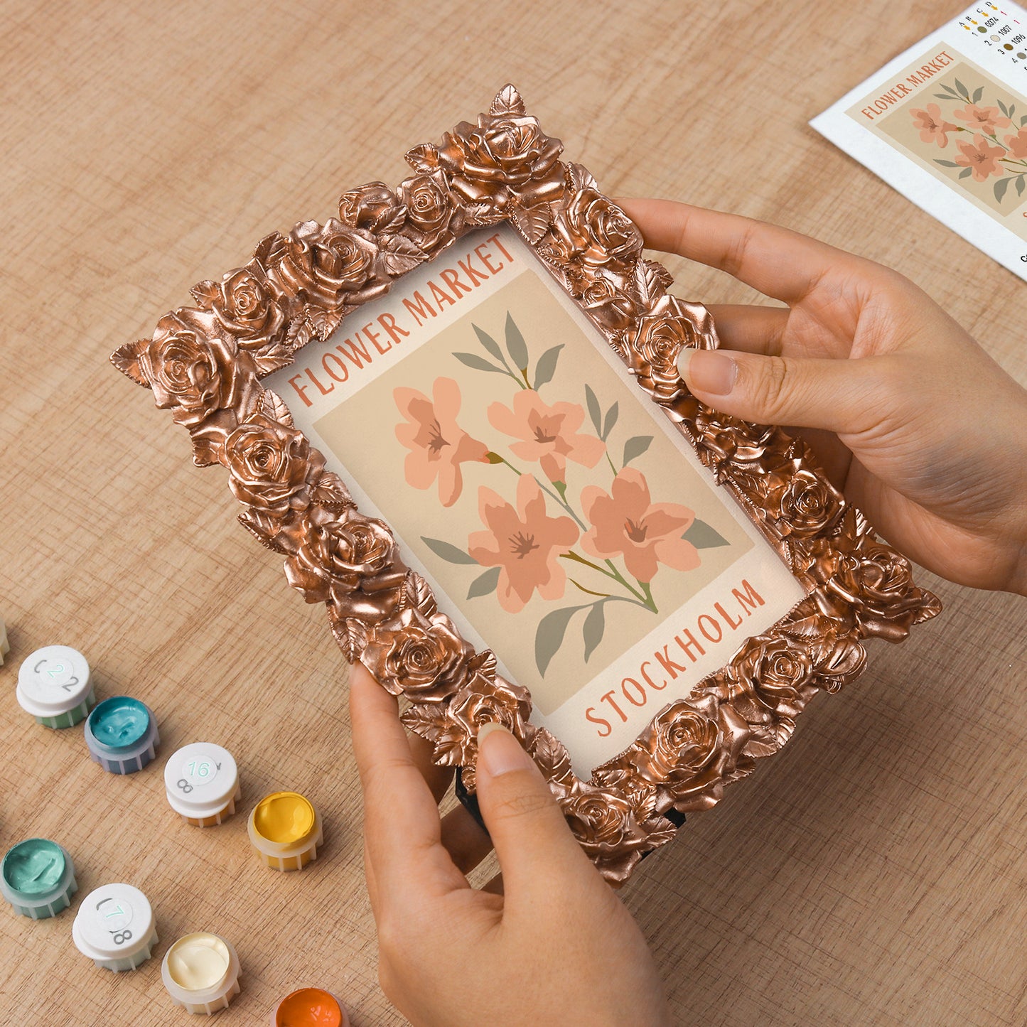 Stockholm Flower Market framed mini paint by numbers featuring colorful flowers in a vintage travel poster style