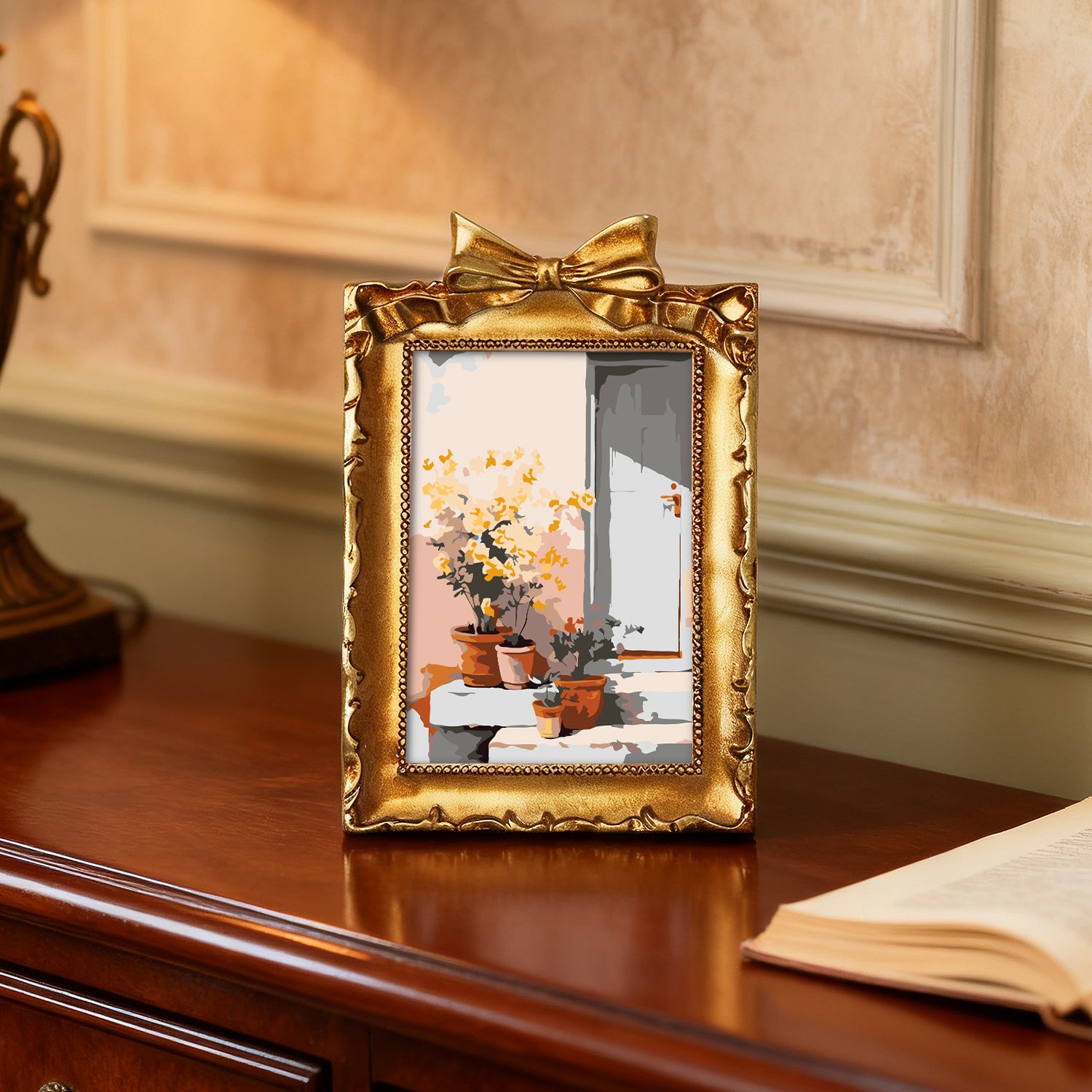 Framed mini paint by numbers of a sunlit indoor plant corner with greenery and natural light