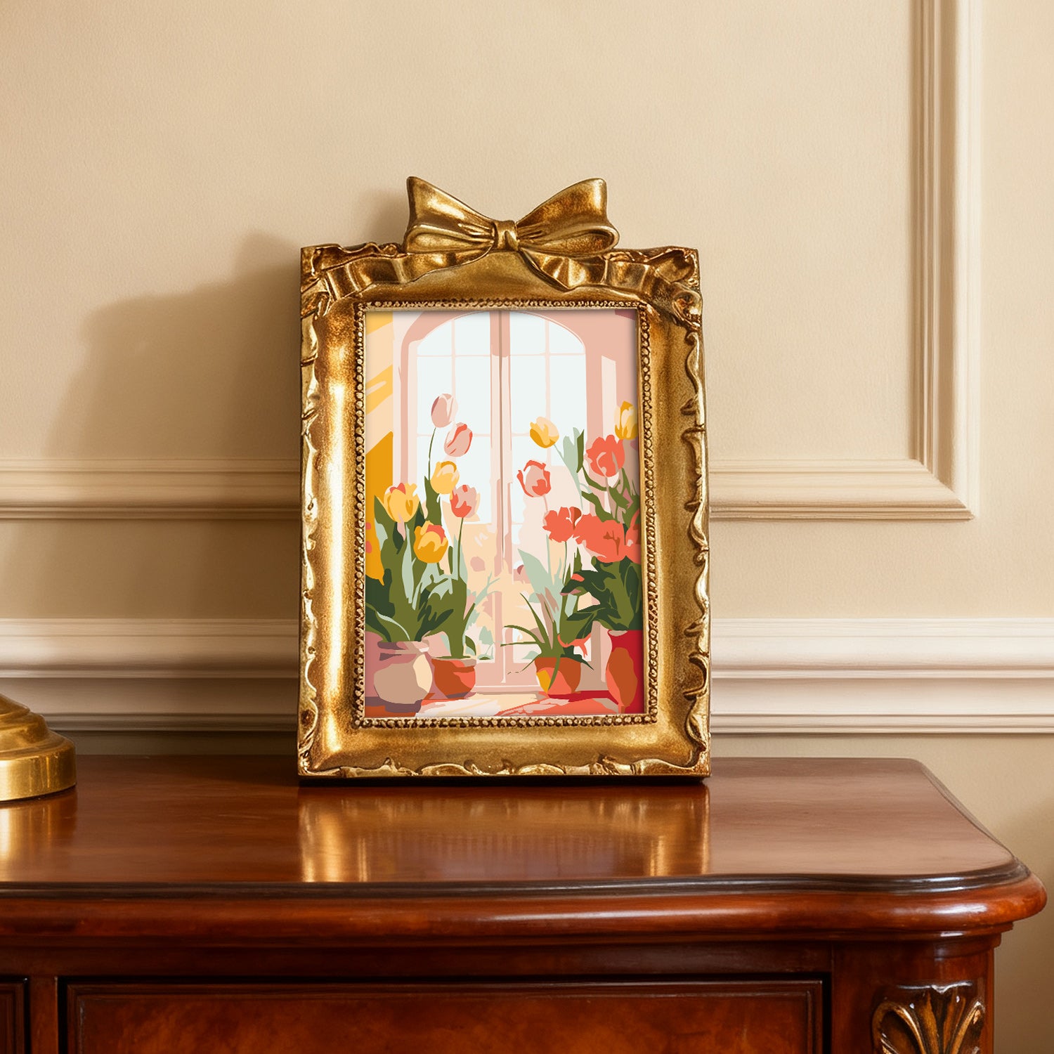 Framed mini paint by numbers of a cozy window filled with blooming flowers and warm decorative details