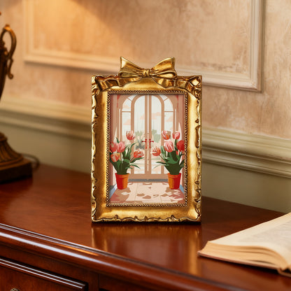 Framed mini paint by numbers featuring a window garden filled with colorful tulips and bright floral accents
