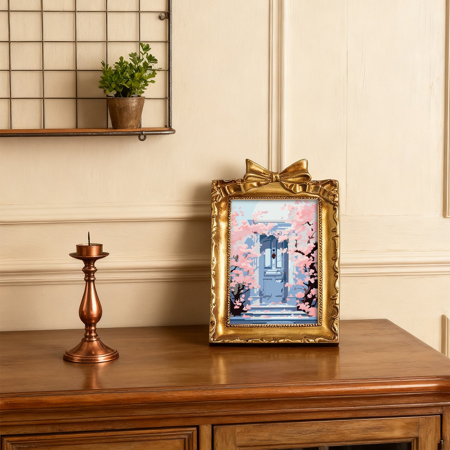 Kyoto Cherry Blossoms framed mini paint by numbers featuring sakuras over a blue doorway