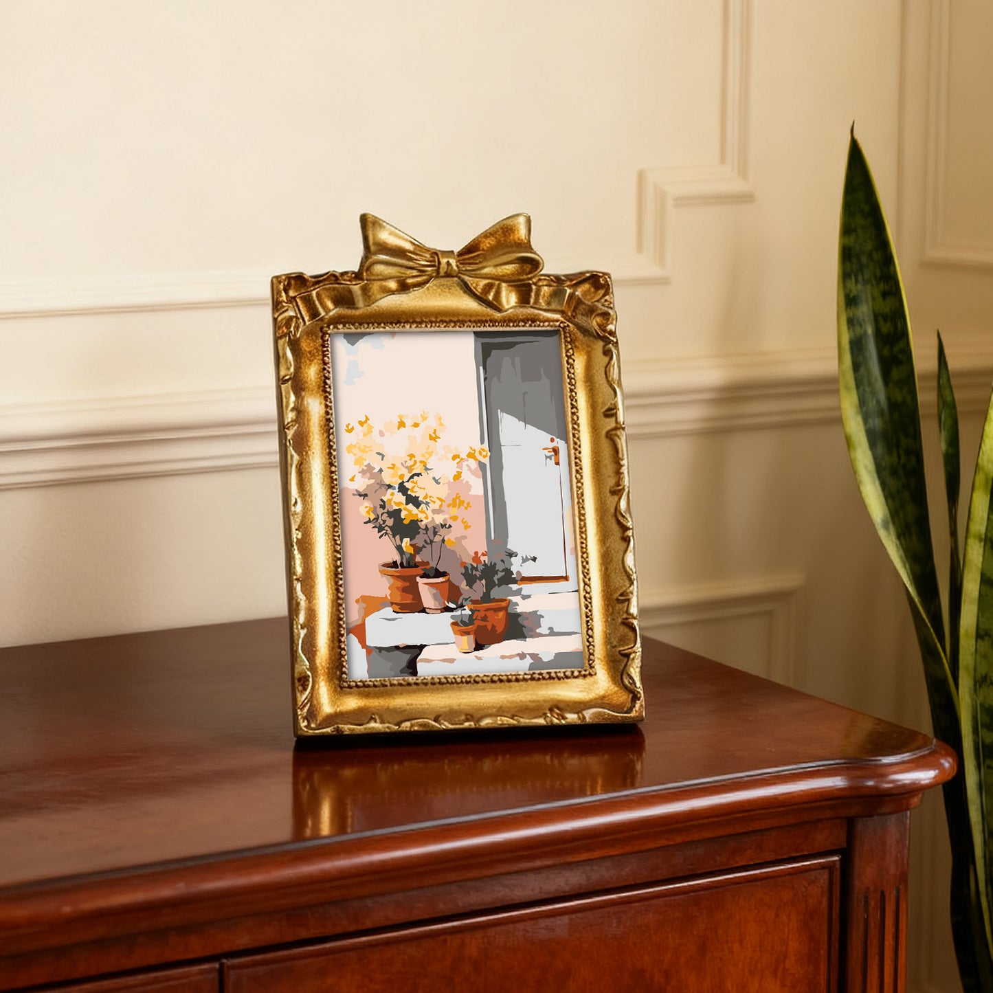 Framed mini paint by numbers of a sunlit indoor plant corner with greenery and natural light