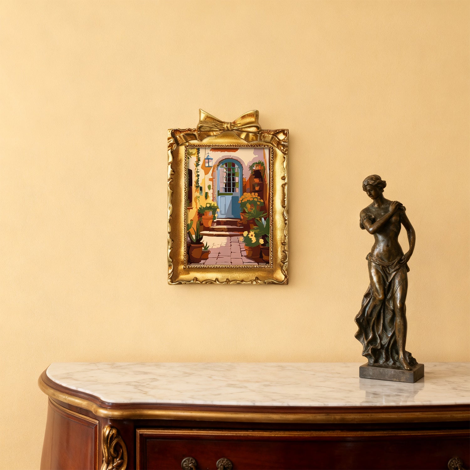 Framed mini paint by numbers of a charming garden door surrounded by lush flowers and greenery