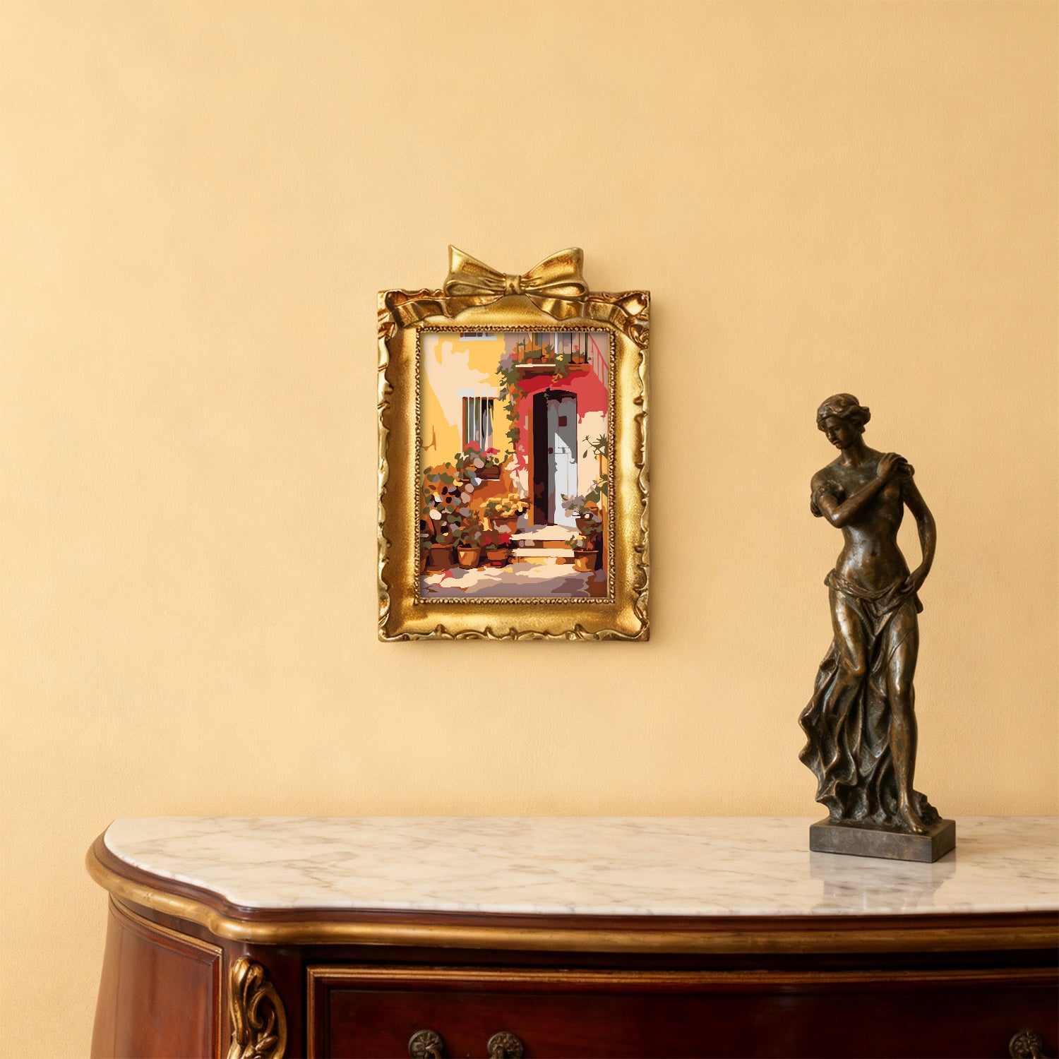 Framed mini paint by numbers showing a Mediterranean passage filled with vibrant flowers and decorative details