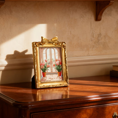 Framed mini paint by numbers featuring a window garden filled with colorful tulips and bright floral accents