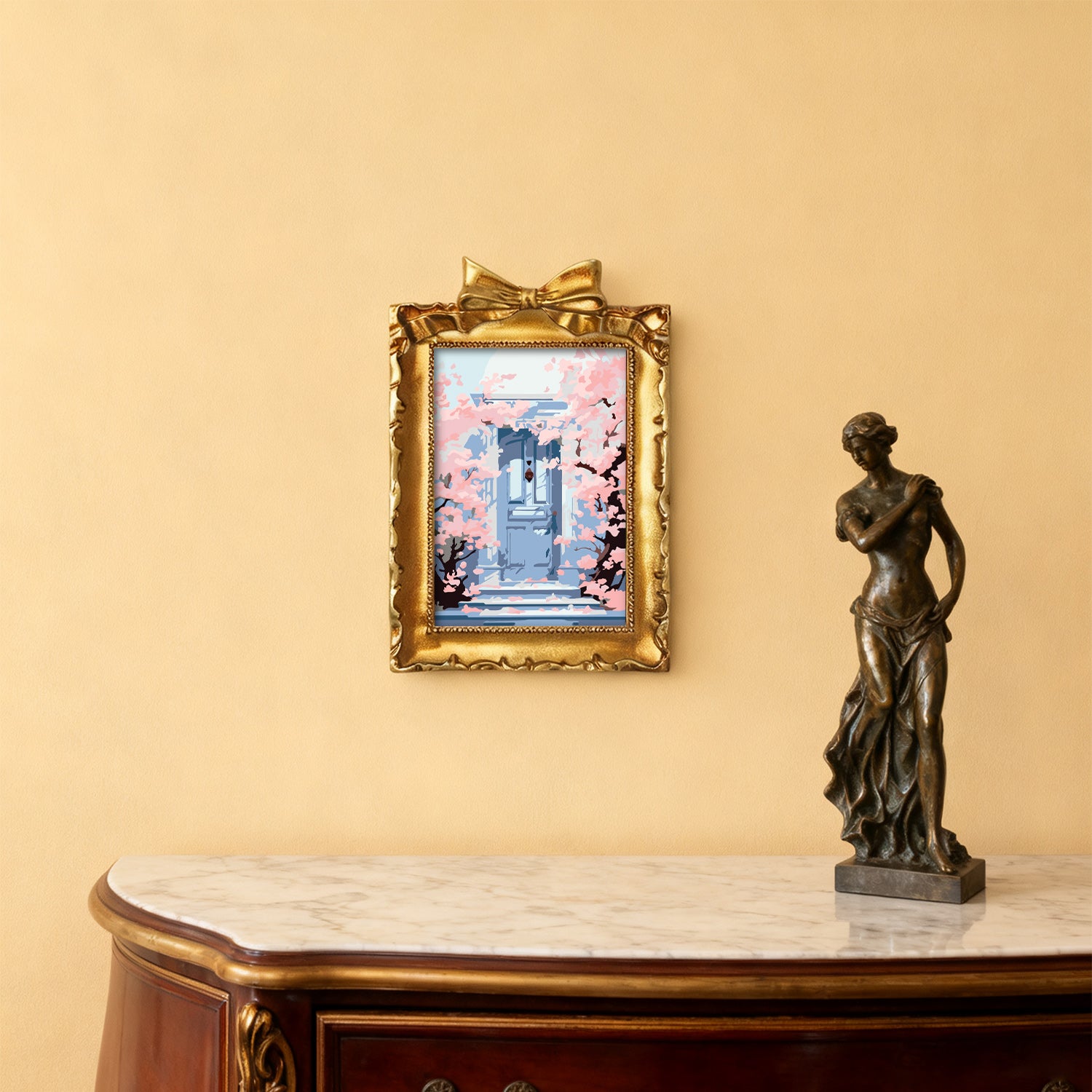 Kyoto Cherry Blossoms framed mini paint by numbers featuring sakuras over a blue doorway