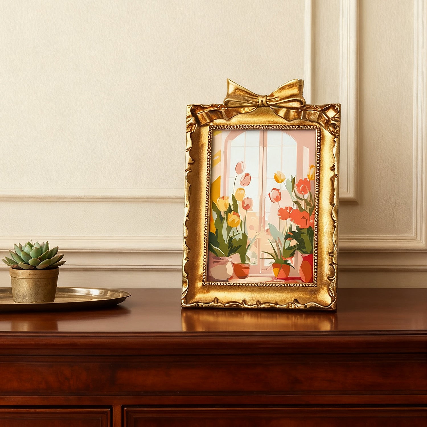 Framed mini paint by numbers of a cozy window filled with blooming flowers and warm decorative details