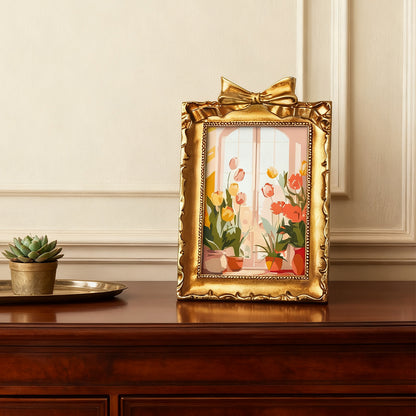 Framed mini paint by numbers of a cozy window filled with blooming flowers and warm decorative details