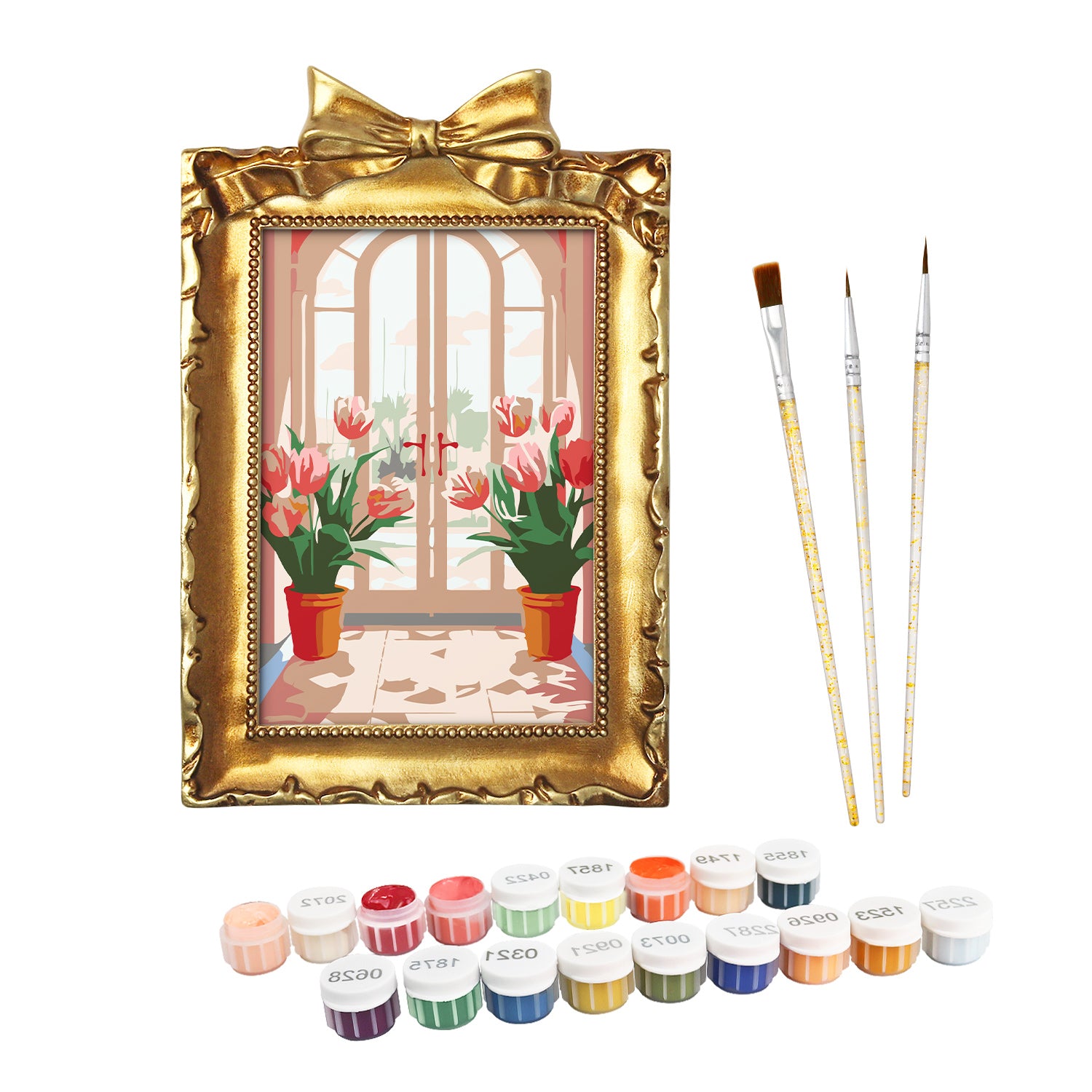 Framed mini paint by numbers featuring a window garden filled with colorful tulips and bright floral accents