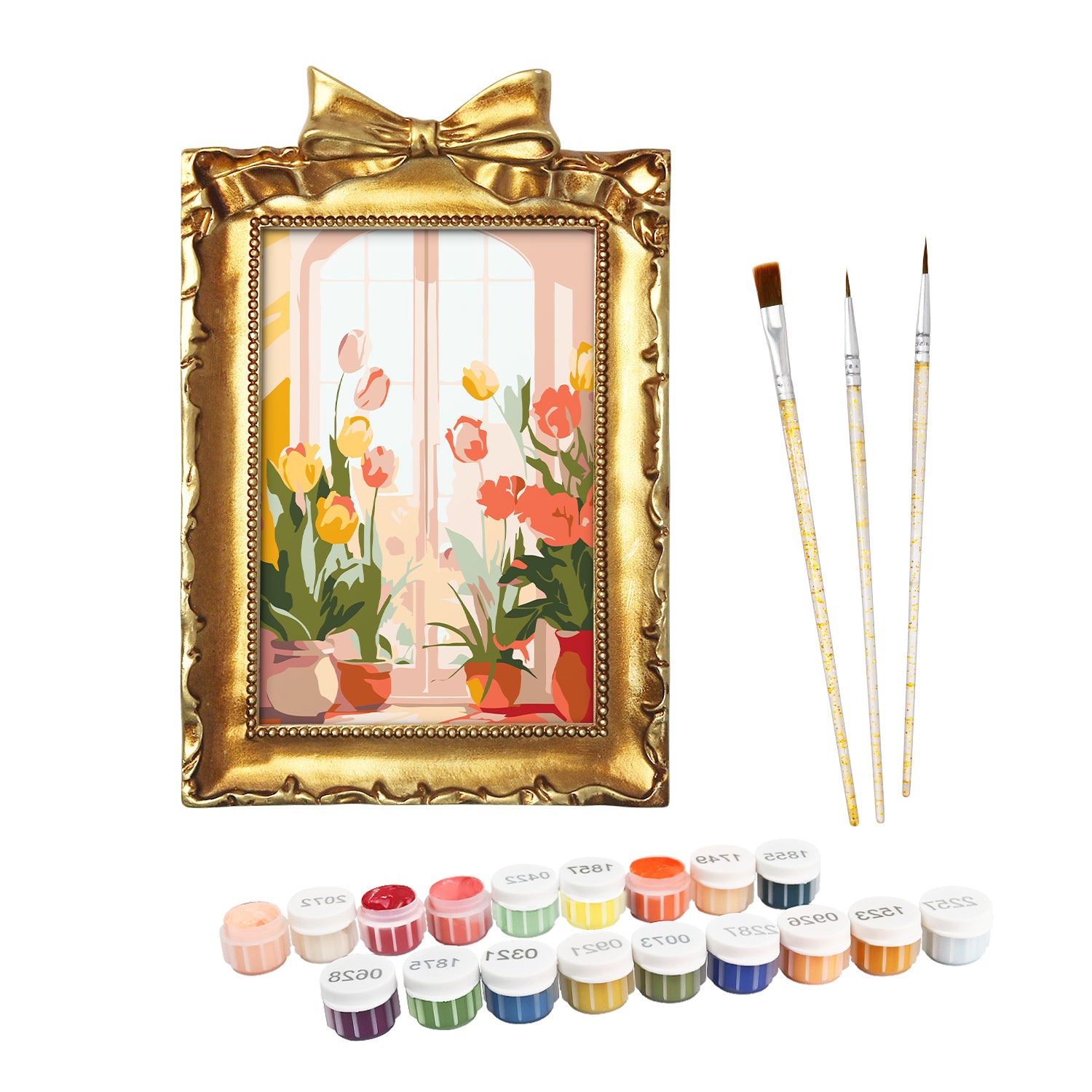 Framed mini paint by numbers of a cozy window filled with blooming flowers and warm decorative details