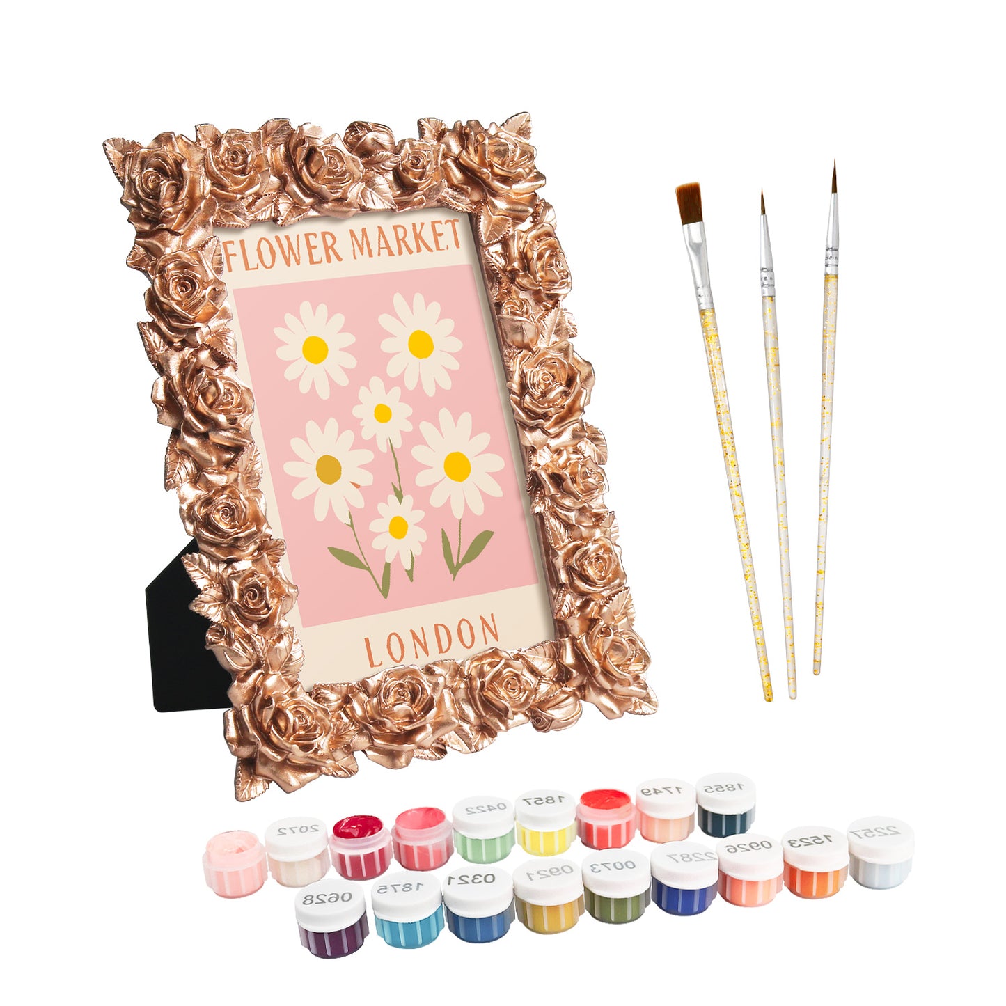 London Flower Market framed mini paint by numbers showing cheerful daisies and classic city poster artwork