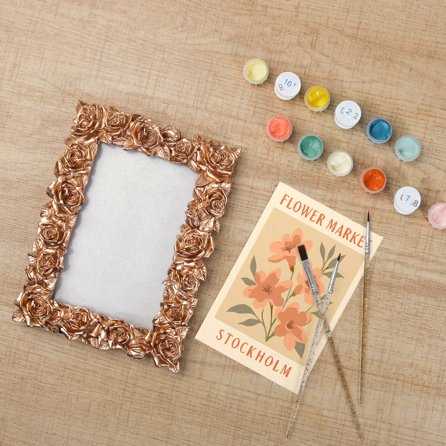 Stockholm Flower Market framed mini paint by numbers featuring colorful flowers in a vintage travel poster style