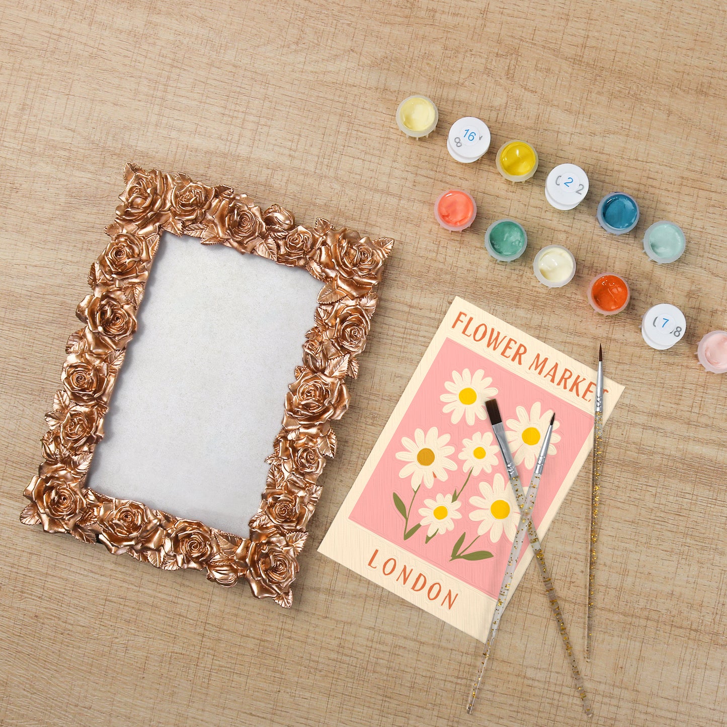 London Flower Market framed mini paint by numbers showing cheerful daisies and classic city poster artwork