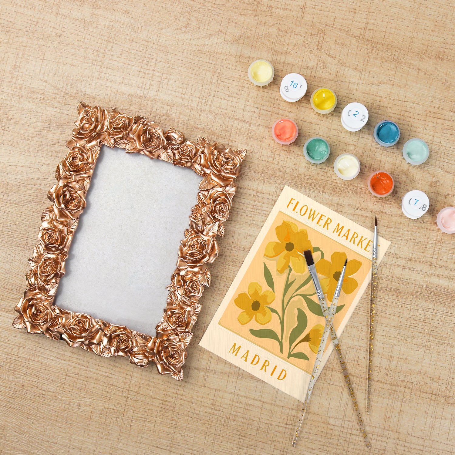 Madrid Flower Market framed mini paint by numbers featuring bright floral arrangement in a vintage poster design