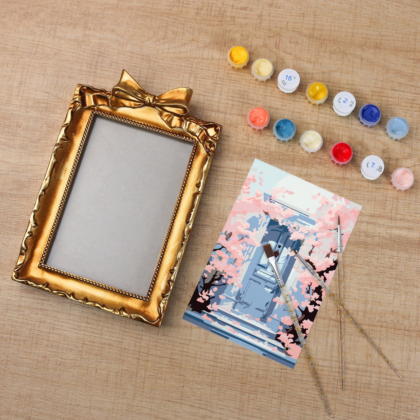 Kyoto Cherry Blossoms framed mini paint by numbers featuring sakuras over a blue doorway