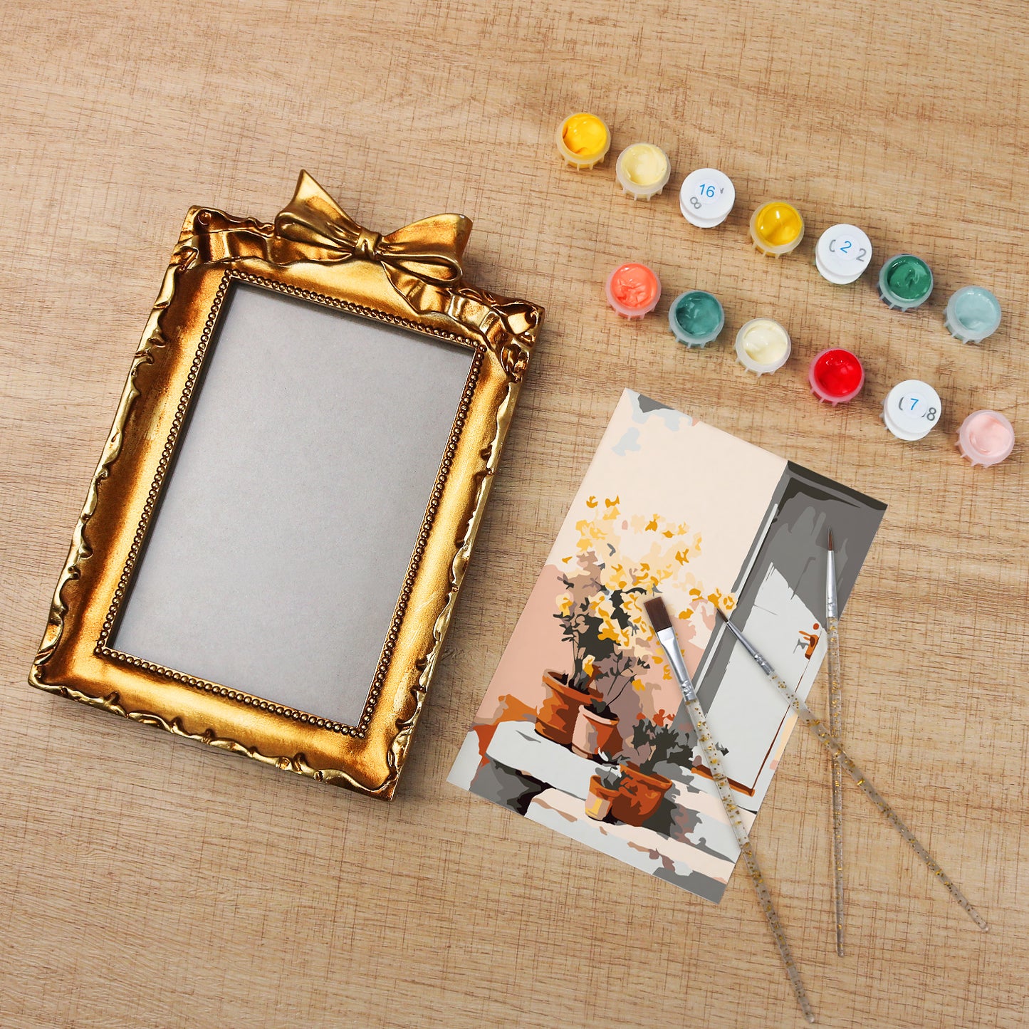 Framed mini paint by numbers of a sunlit indoor plant corner with greenery and natural light