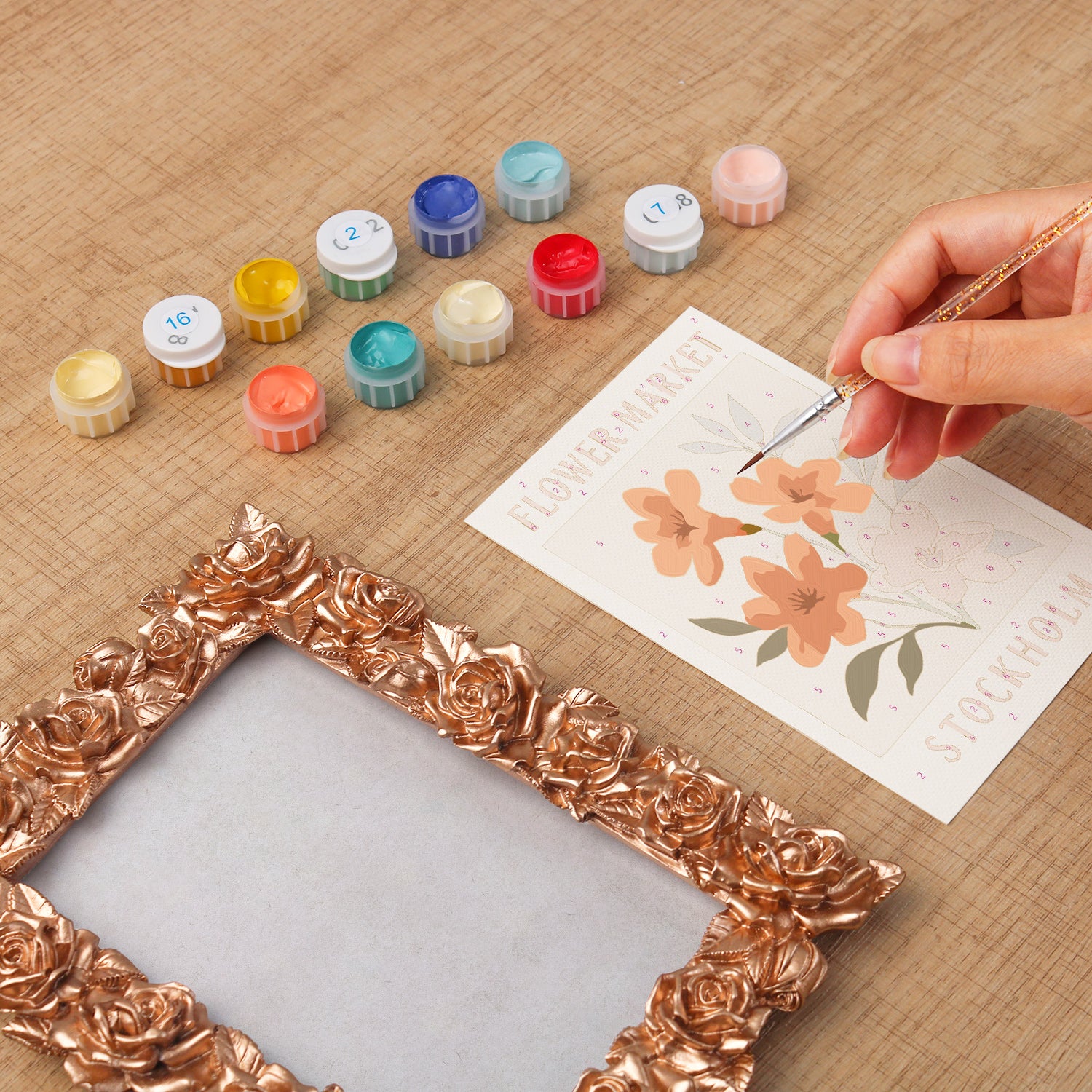 Stockholm Flower Market framed mini paint by numbers featuring colorful flowers in a vintage travel poster style