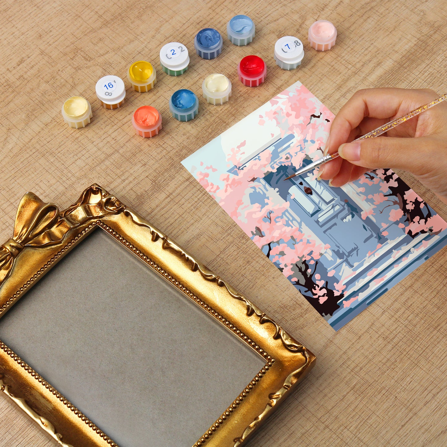 Kyoto Cherry Blossoms framed mini paint by numbers featuring sakuras over a blue doorway