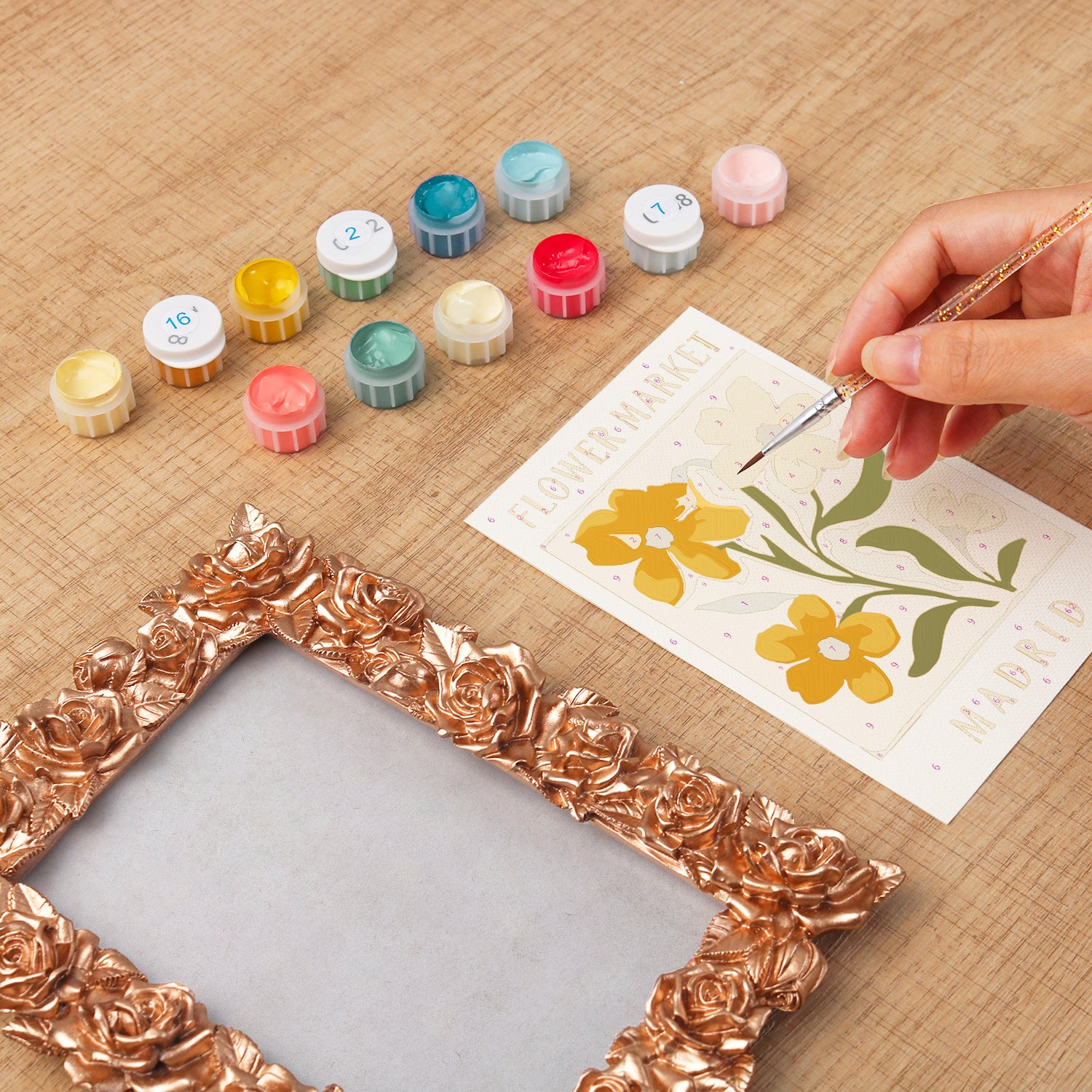 Madrid Flower Market framed mini paint by numbers featuring bright floral arrangement in a vintage poster design