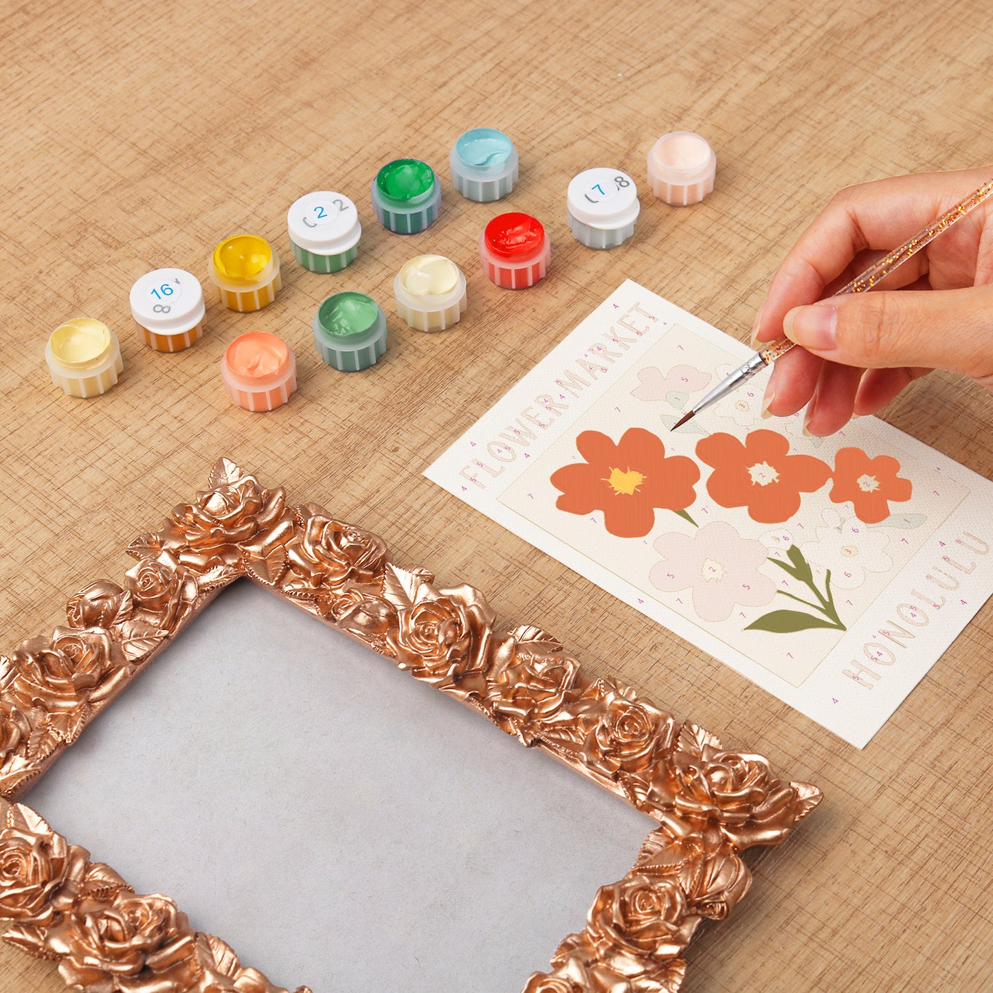 Honolulu Flower Market framed mini paint by numbers featuring tropical flowers in a colorful island-inspired design