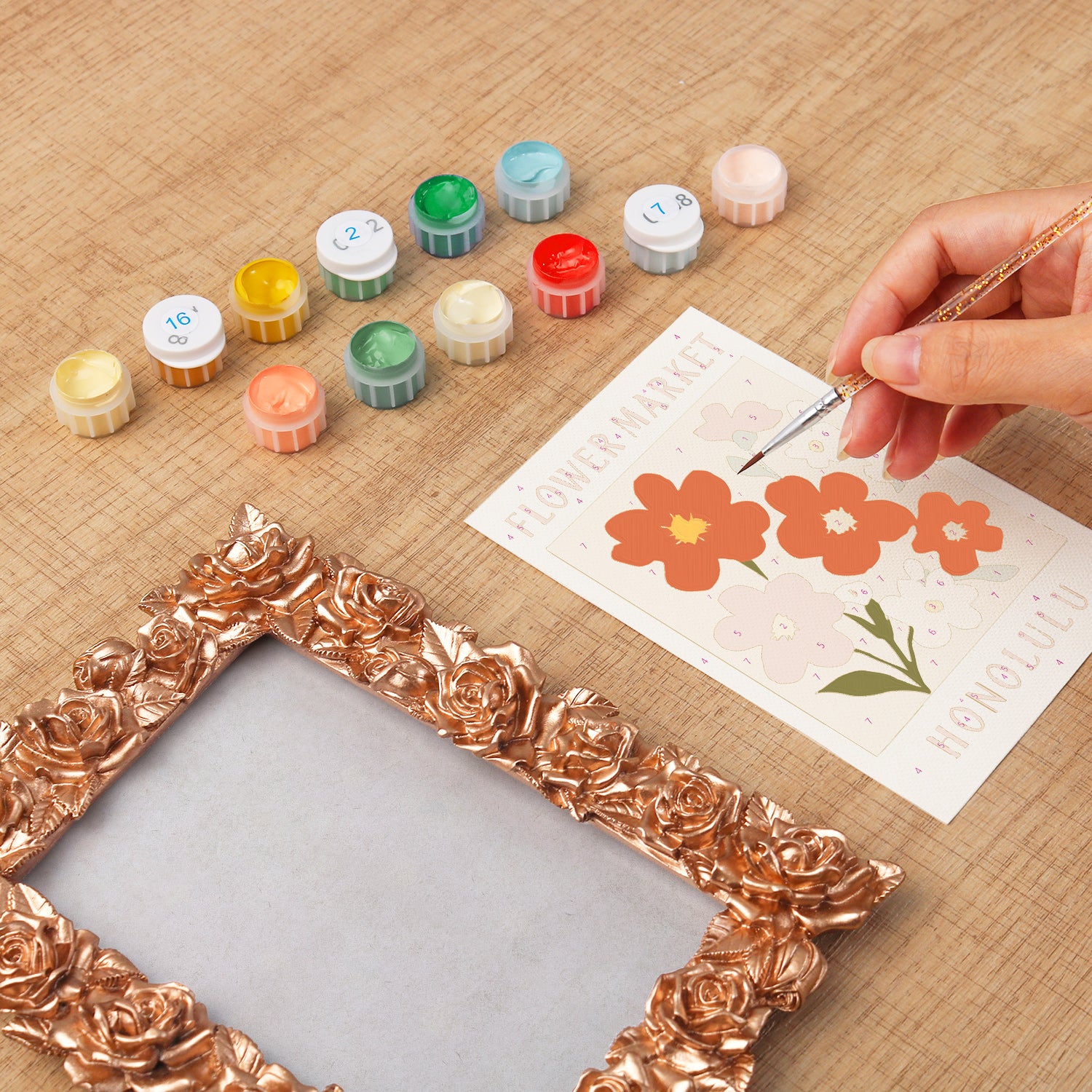 Honolulu Flower Market framed mini paint by numbers featuring tropical flowers in a colorful island-inspired design