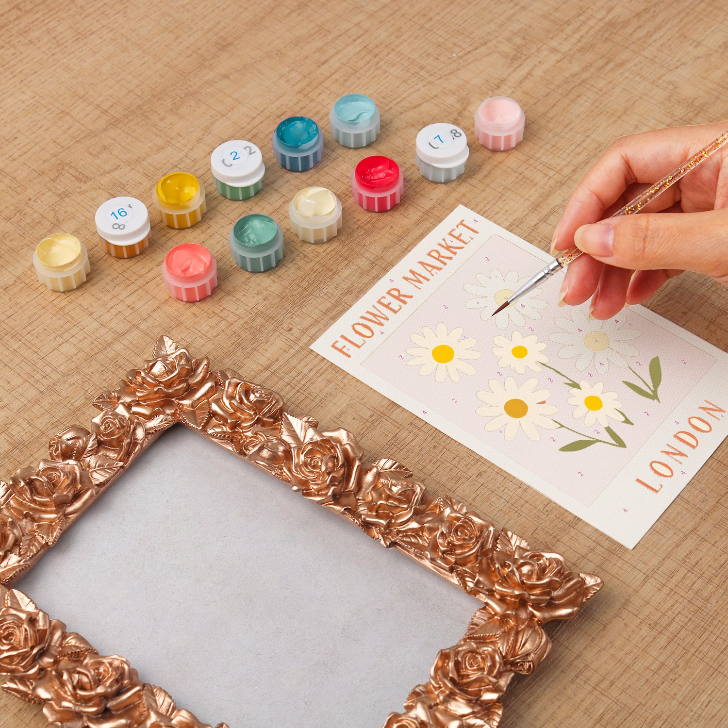 London Flower Market framed mini paint by numbers showing cheerful daisies and classic city poster artwork