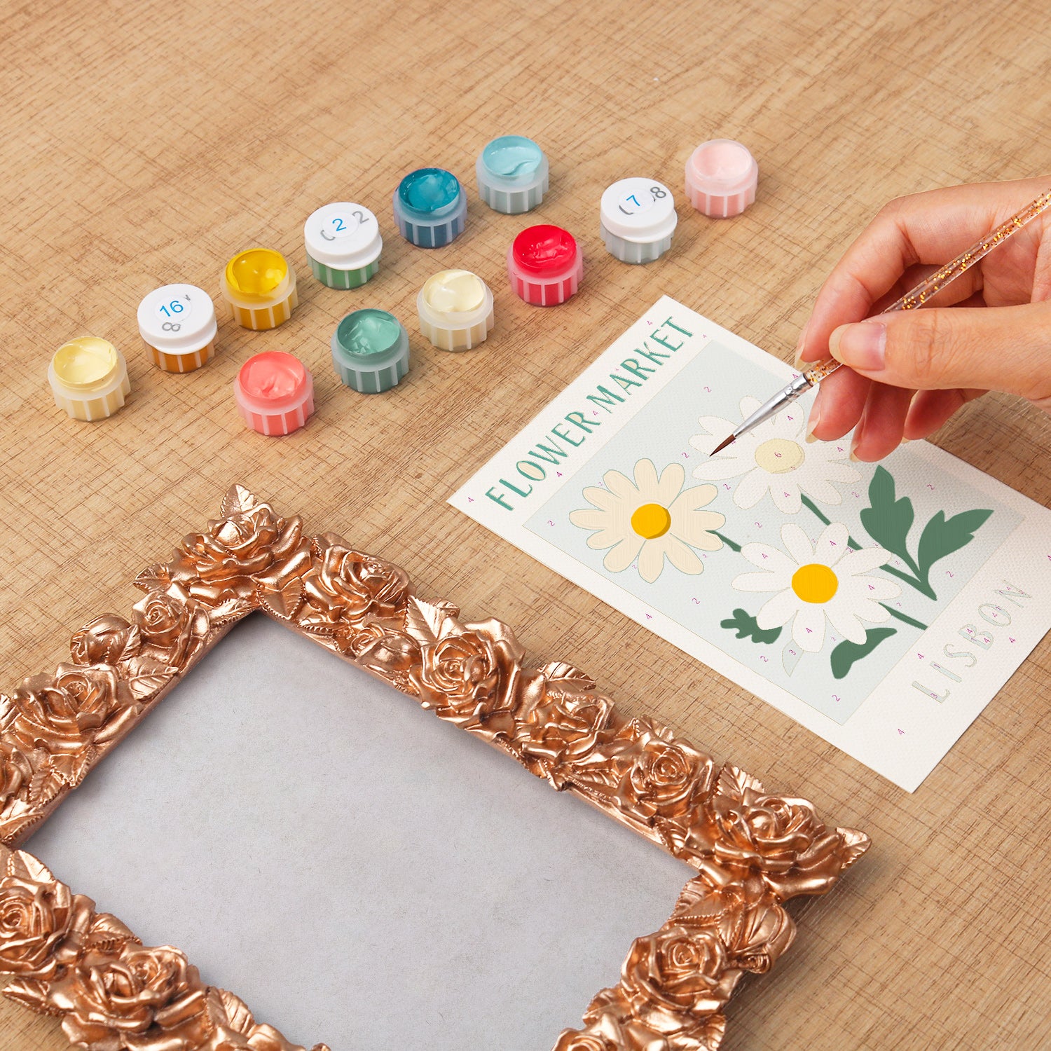 Lisbon Flower Market framed mini paint by numbers showing colorful flowers inspired by Portuguese market scenes