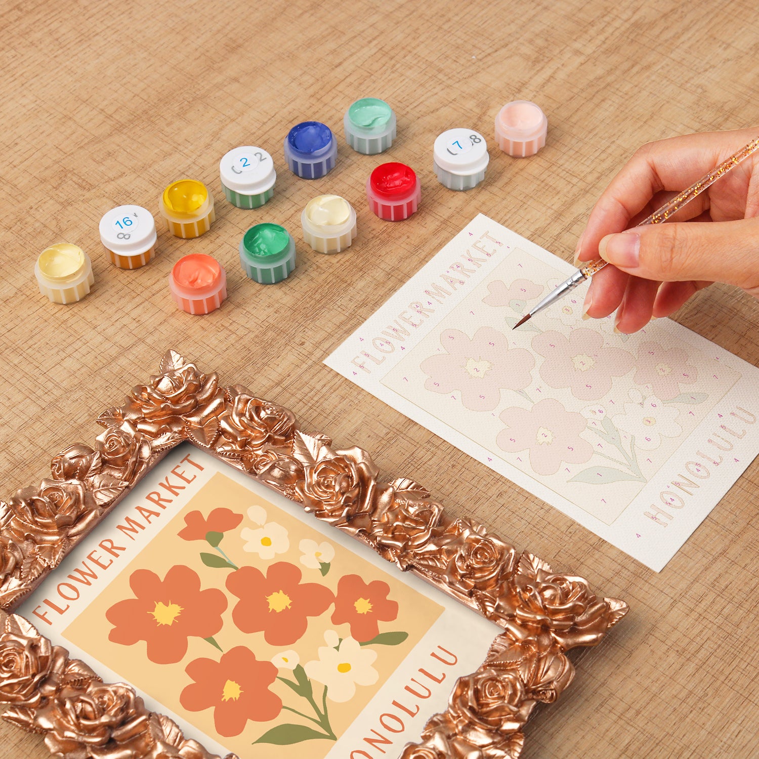 Honolulu Flower Market framed mini paint by numbers featuring tropical flowers in a colorful island-inspired design