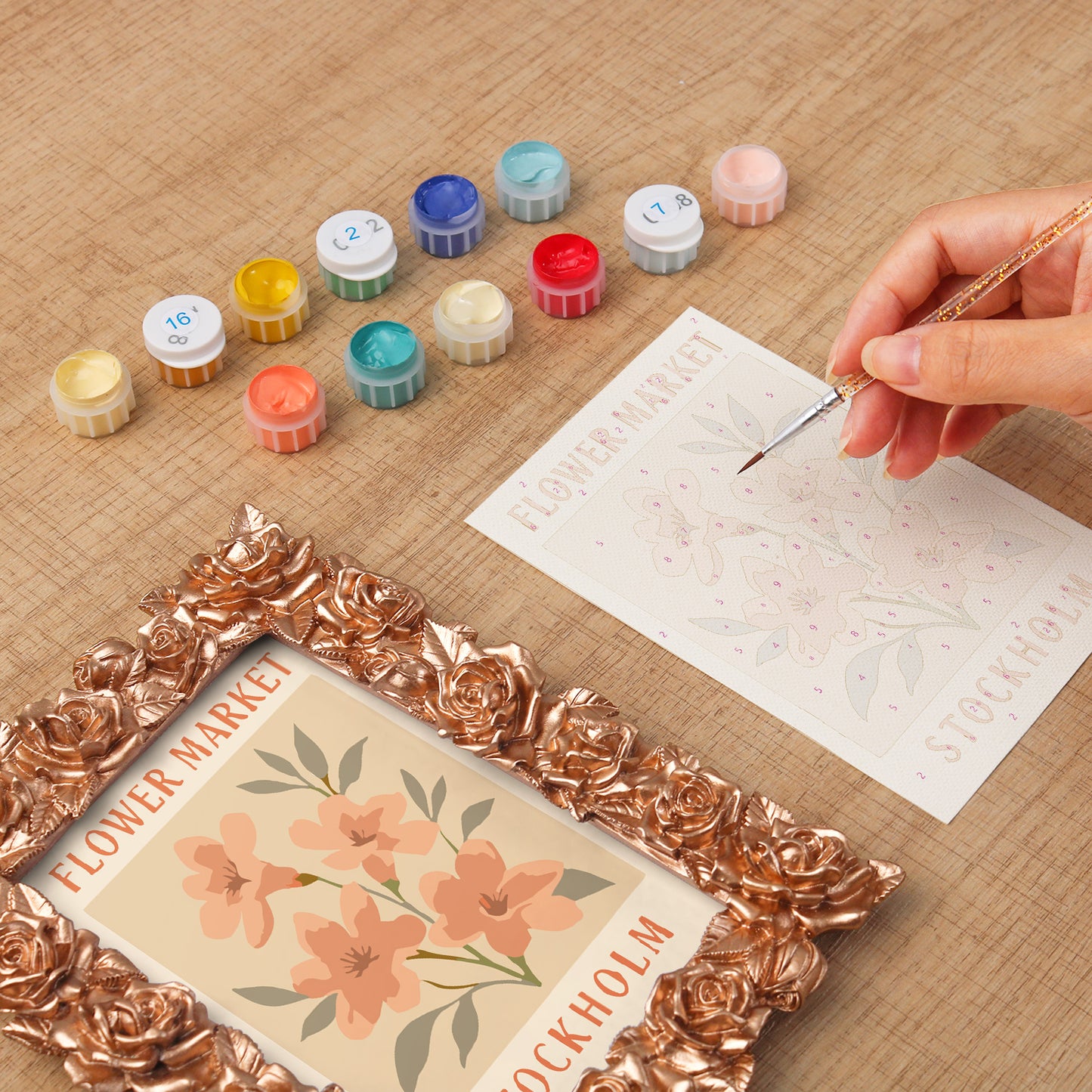 Stockholm Flower Market framed mini paint by numbers featuring colorful flowers in a vintage travel poster style