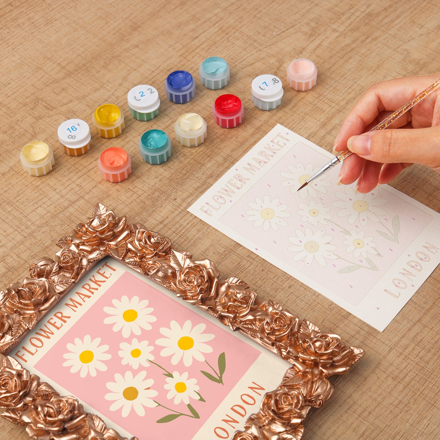 London Flower Market framed mini paint by numbers showing cheerful daisies and classic city poster artwork