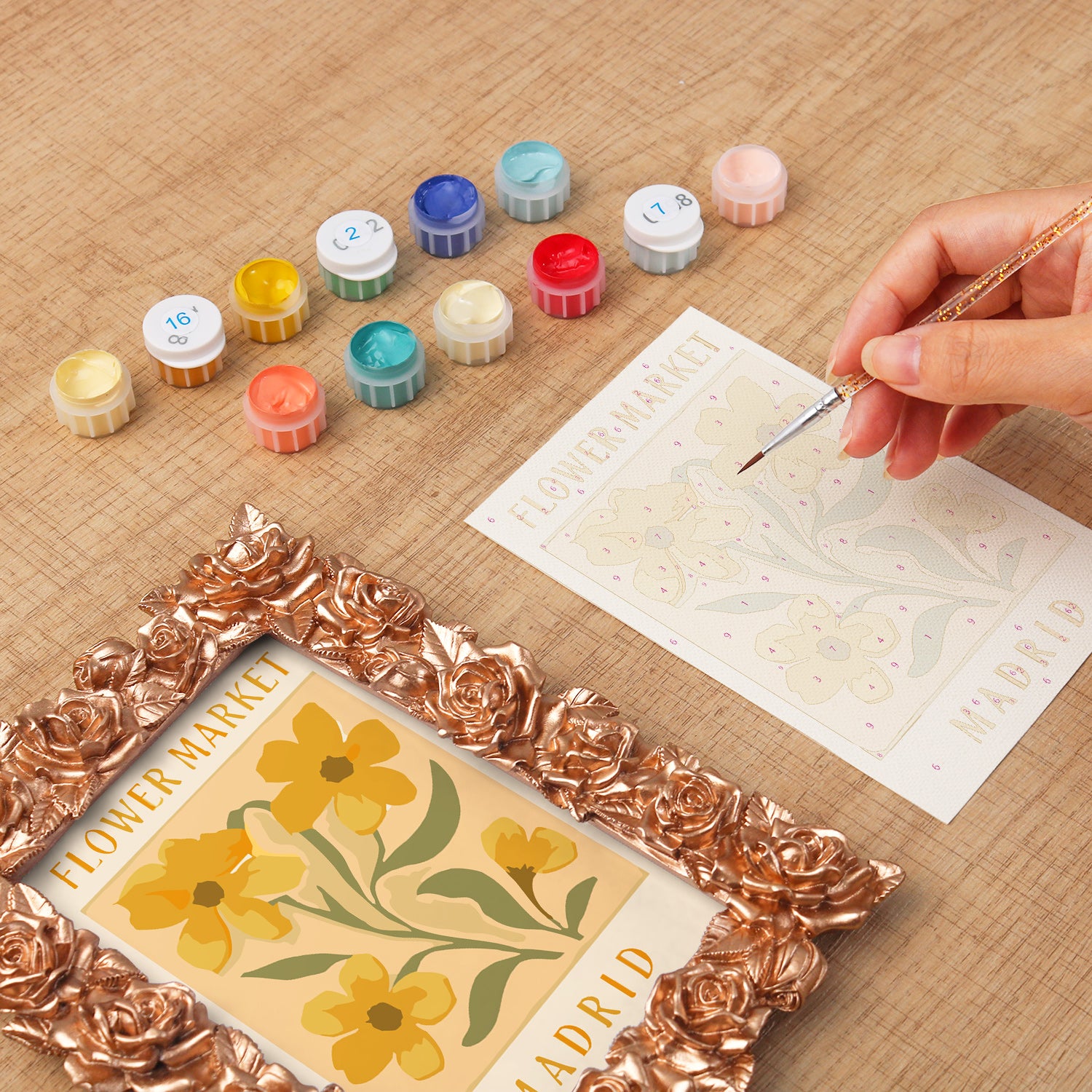 Madrid Flower Market framed mini paint by numbers featuring bright floral arrangement in a vintage poster design